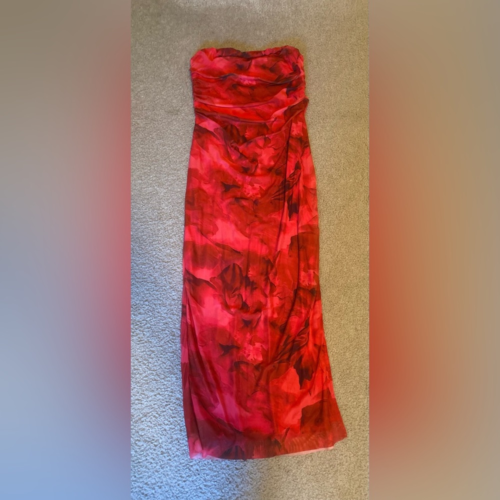 Strapless Red Floral Evening Gown